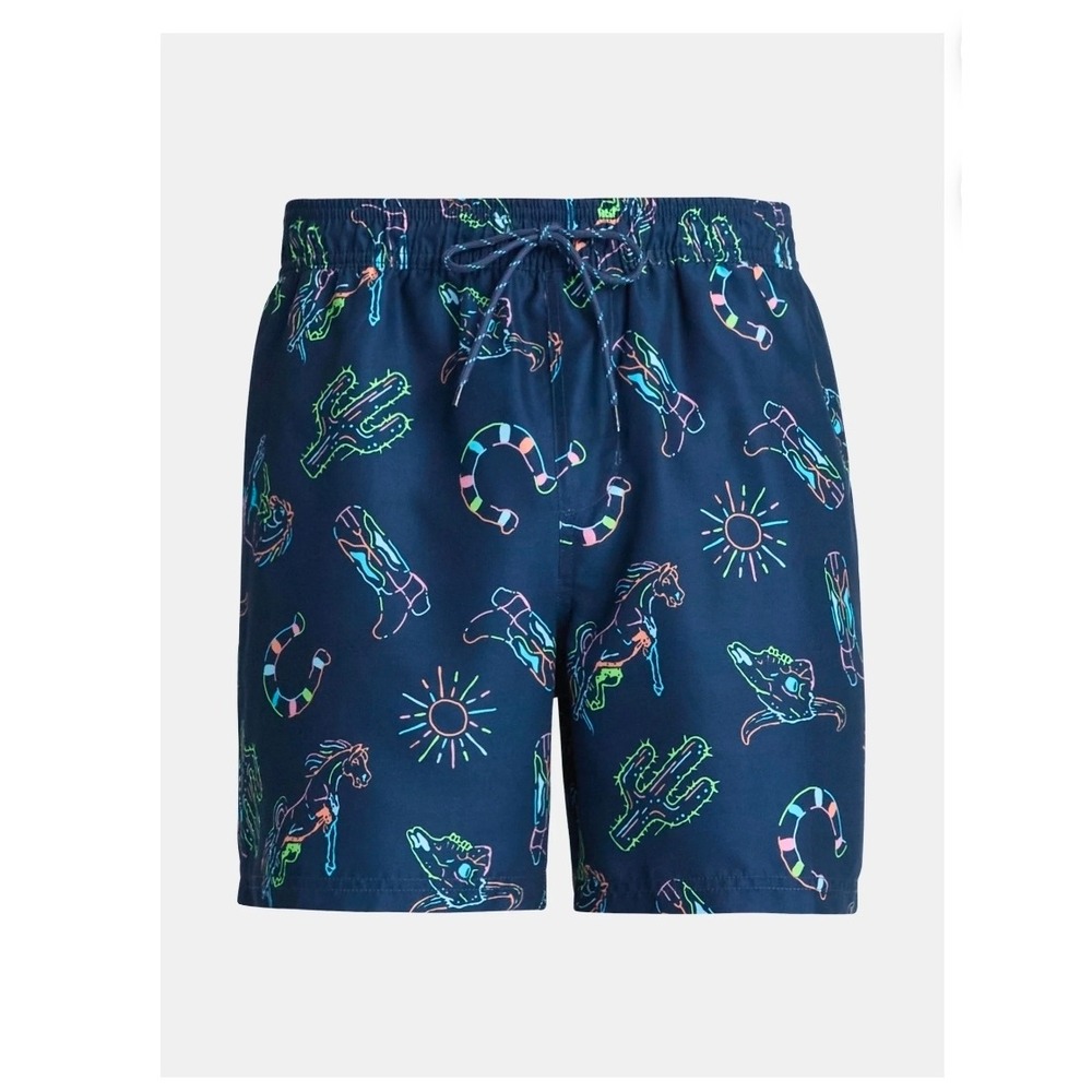 No Boundaries Mens Neon Western Print Swim Trunks Navy Blue Inseam NWT